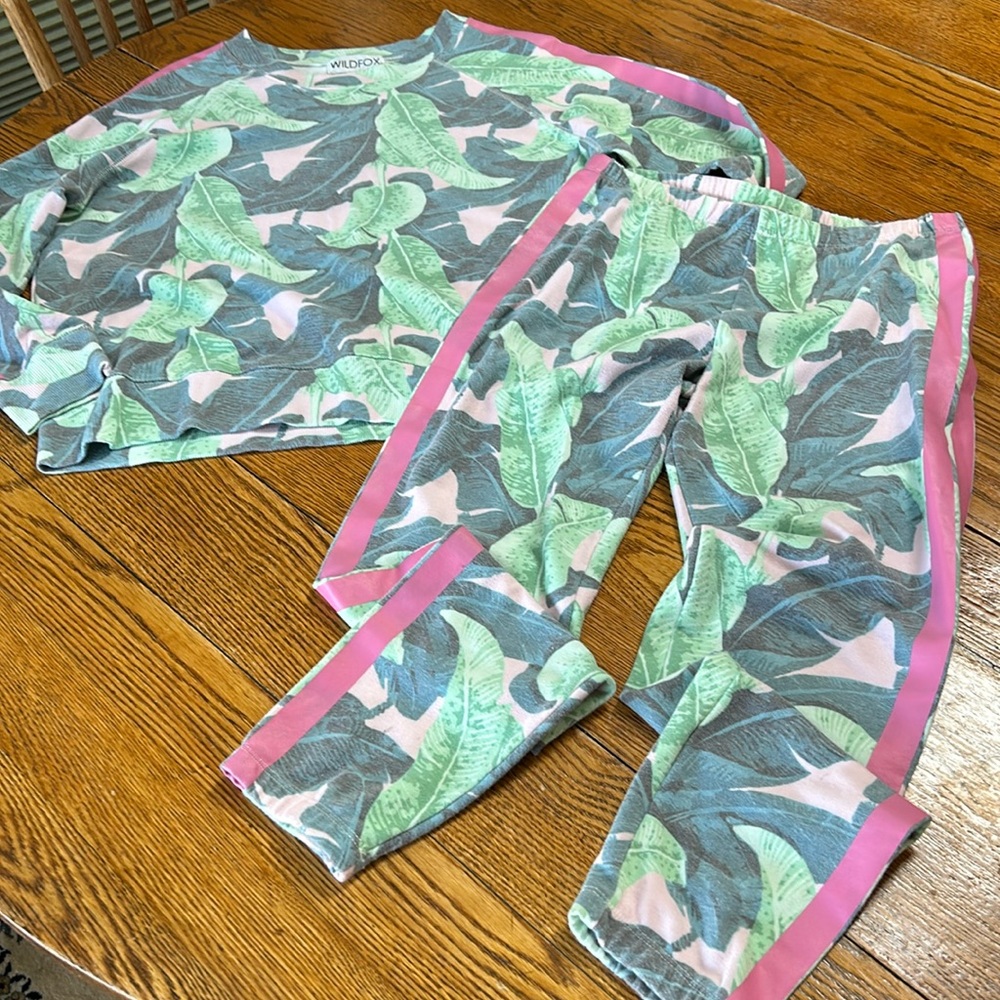 Wildfox Martinique Knox jogger suit. Top Large, joggers Medium. Pink and green.
